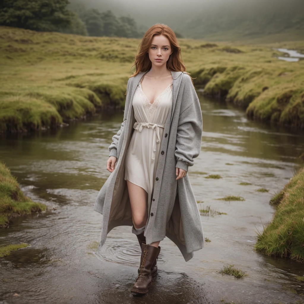 Craft a compelling AI-generated narrative that paints a picturesque scene of a captivating Irish 1 wet girl wearing Irish sweater, boots, dress and raincoat, walking with grace beneath the rain in the enchanting Connemara moor. Infuse the prompt with details that capture the essence of her attire, the rhythmic patter of raindrops, and the seamless blend of her presence with the lush, misty landscape, creating a timeless and evocative visual experience, Aesthetic artwork, irish, wavy ginger hair, shoulder length hair, hair in the wind, gray eyes, light grey eyes, pale skin, freckles, A-cup, small breasts, runners body, wet (textured skin, skin pores:1.1), goosebumps, (extremely detailed 8k wallpaper), natural lighting, high quality, film grain, Fujifilm XT3 sharp focus, f 5.6, 50mm, High Detail, Sharp focus, crazy details, complex details, hyperdetailed, wet