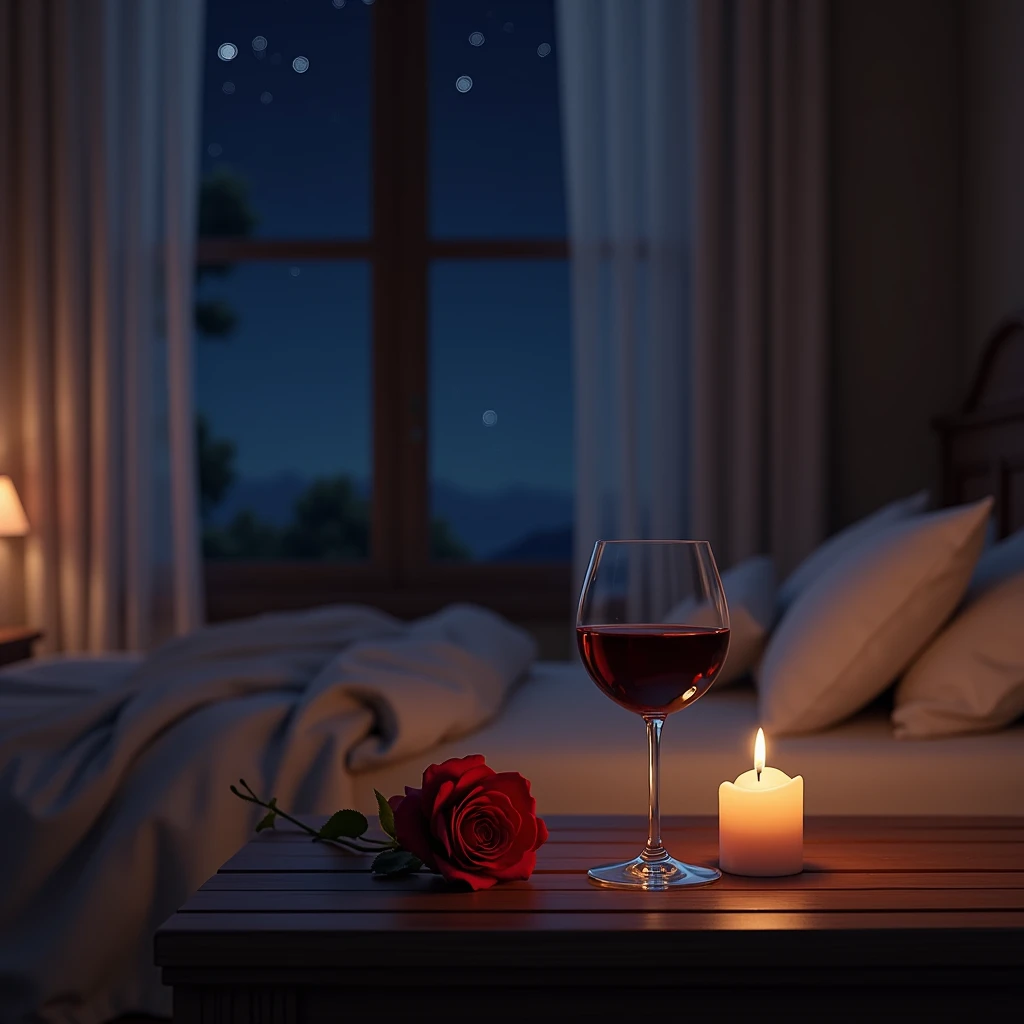 rose,Grape Wine,table,bed,night,curtain,window