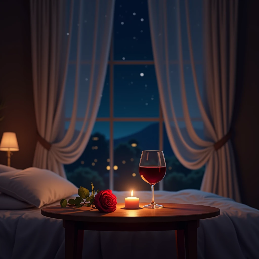 rose,Grape Wine,table,bed,night,curtain,window