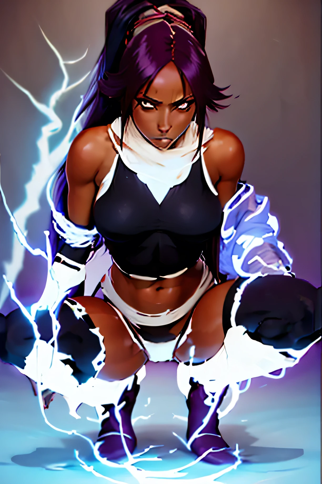 Yoruichi Shihouin, Shunko Raiju Senkei, highres 1girl bare_shoulders black_footwear black_leotard boots breasts dark-skinned_ female dark_skin electricity electrokinesis from_below groin highleg highleg_leotard large_breasts leotard long_hair looking_at_viewer looking_down parted_bangs ponytail purple_hair simple_background solo squatting straight_hair thigh_boots
