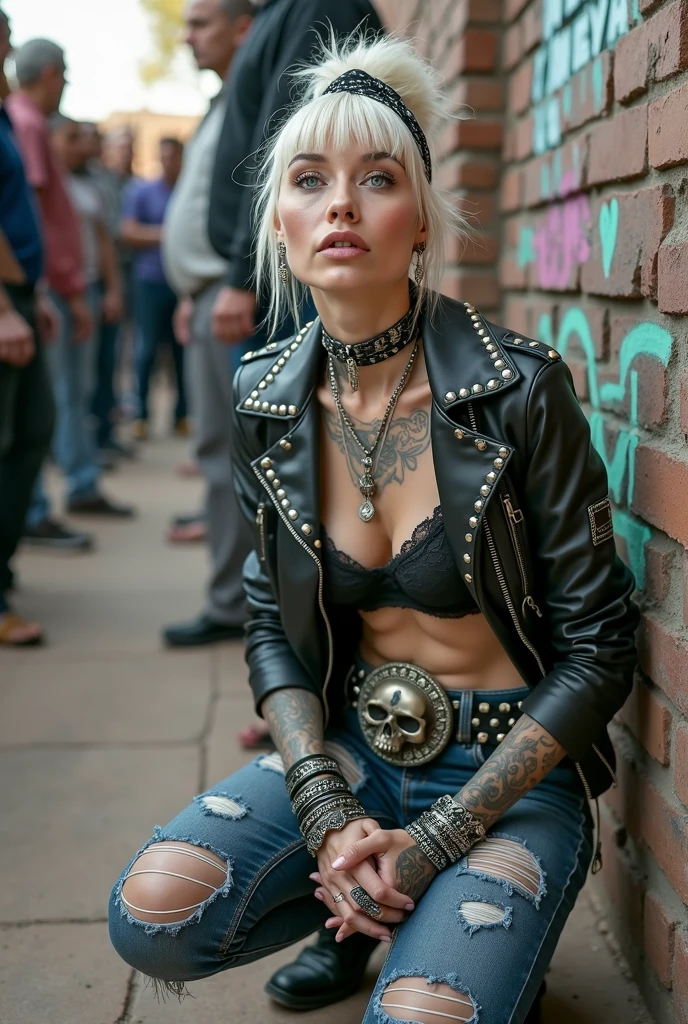 russian old milf woman, platinum blonde hair (top bun) and black parsleybandana as headband, with very light blue eyes, extremely pale. Wearing studded cropped black moto jacket (with lots of zippers and pins), black and white lace push up bra , dark skinny blue jeans with holes on knees and white tennis sneakers . Lots of metallic and studded bracelets and long collars. Tacky wide studded leather belt with oversized skull and bones buckle. Long earrings. Kneeling like in prayer, a bit bent, chin up, humble facial expression. Hands on her knees, Listening in amazement to somebody speaking to her, toned six pack abdominals. Tattoed heavily. Graffitied brick wall in Moroccan village, people crowded behind her