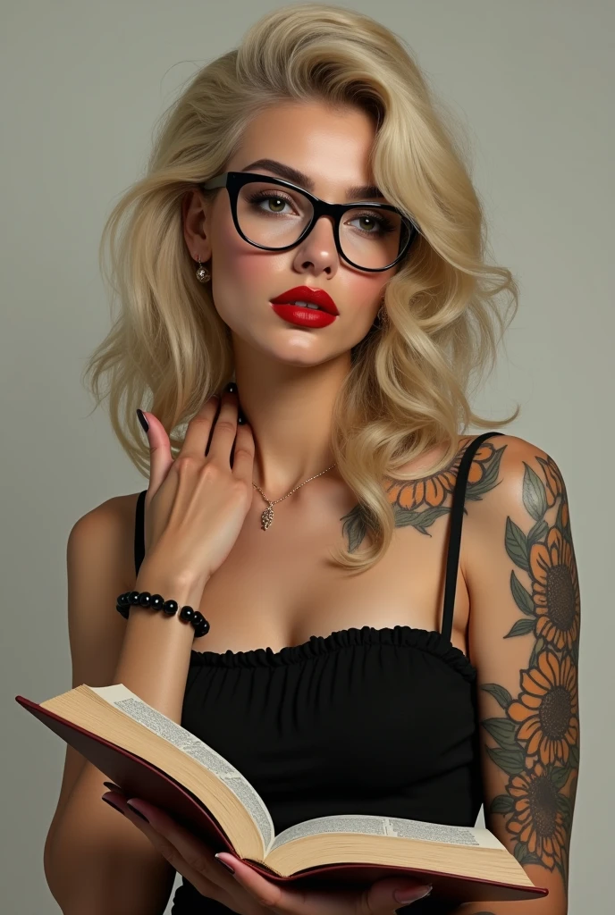 A Brazilian woman, white skin color, big hair , with some blonde highlights, light eyes sharp nose, defined eyebrow, lips enlarged with a red lipstick, wearing black prescription glasses, wearing a black dress and holding an open book in her hand , a sunflower tattoo on the shoulder