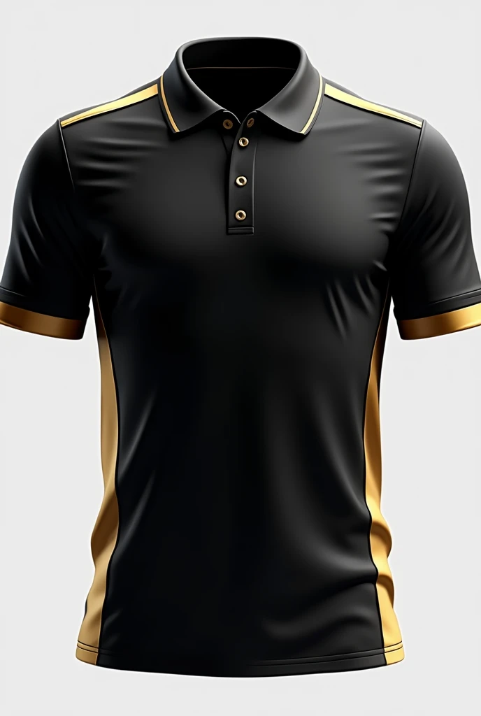 A professional football shirt, Elegant and retro style, black with gold parts, like the sides, the end of the sleeve and the neck, with a polo-type collar but sporty, without shield