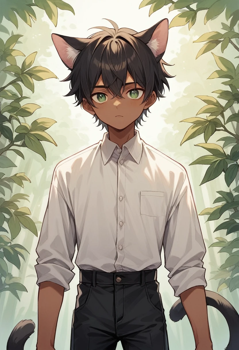 (Cowboy Shot) A young adult man, 21, with medium-length dark hair,  medium-length hair, tan skin, emerald eyes, cat tail and ears, a plain white shirt, and dark trousers, in a forest.