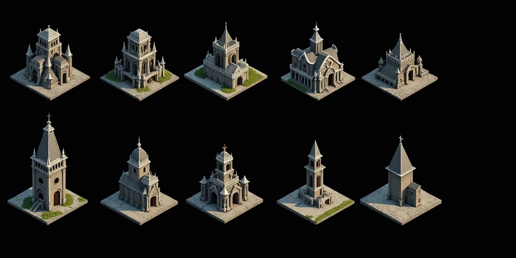 a close up of a bunch of different buildings with a clock on top, detailed buildings, small buildings, Castles and temple details, isometric palace, ancient buildings, prerendered isometric graphics, buildings, game assets, isometric game feature, large temples, Isometric views, temple background, isometric game art, intricately detailed buildings, 3D Renderings