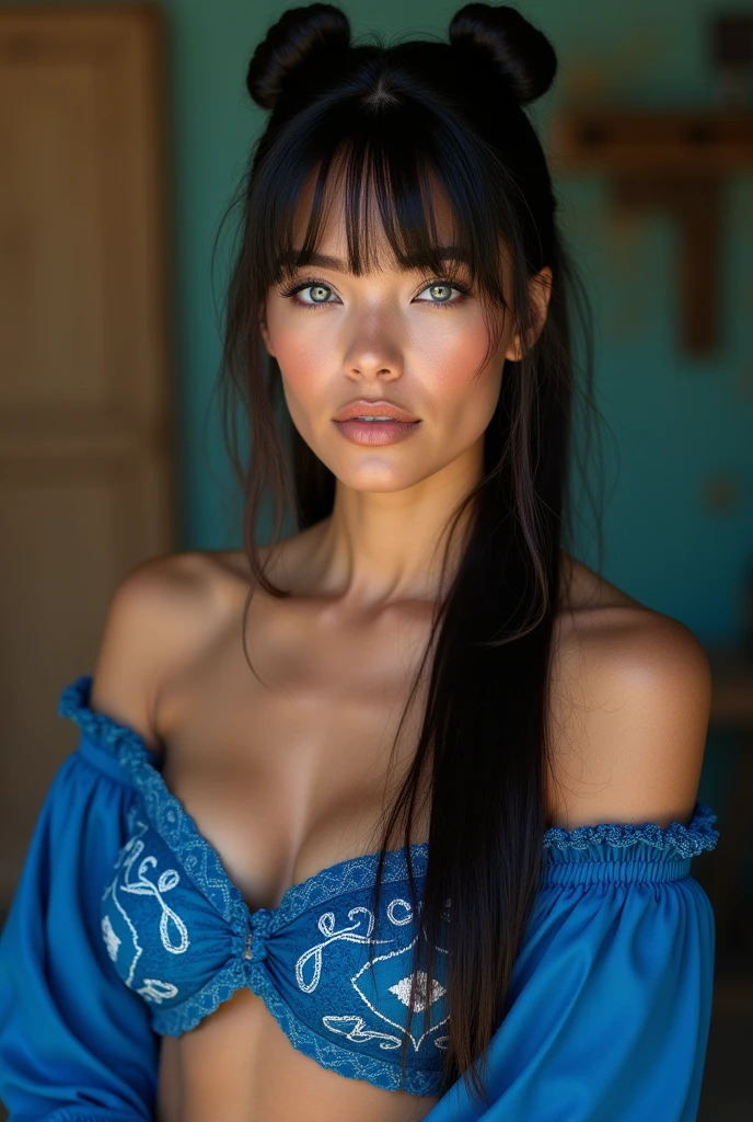 Mexican A beautiful pale-skinned Latina , eyes blue, full body, perfect body, two buns, straight bangs, (best quality,4k,8k,highres,masterpiece:1.2),ultra-detailed,(realistic,photorealistic,photo-realistic:1.37),HDR,UHD,studio lighting,ultra-fine painting,sharp focus,physically-based rendering,extreme detail description,professional,vivid colors,bokeh,portraiture,glamour,sensual,alluring,wear blue mexi, in style of Retna, full body