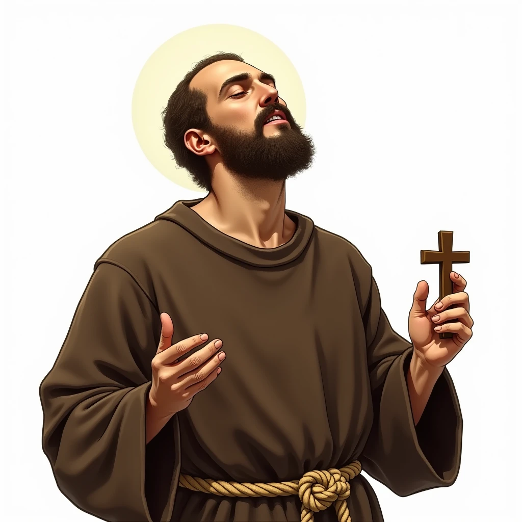 
Create an image of Saint Francis of Assisi. He is represented with a partially bald head, but still with hair on the sides, and on the right a small crucifix in a posture of devotion. of very high quality in a white setting, wearing a simple brown habit with a rope belt with three knots. His hands bear stigmata He is portrayed in a moment of prayerful ecstasy