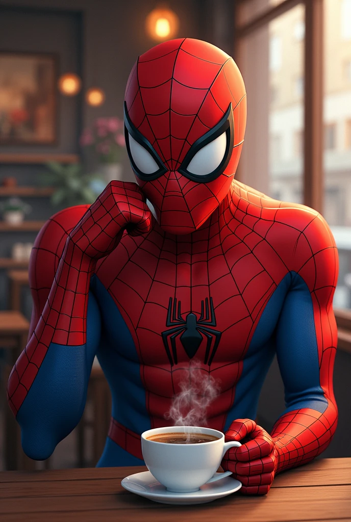 Spiderman drinking coffee