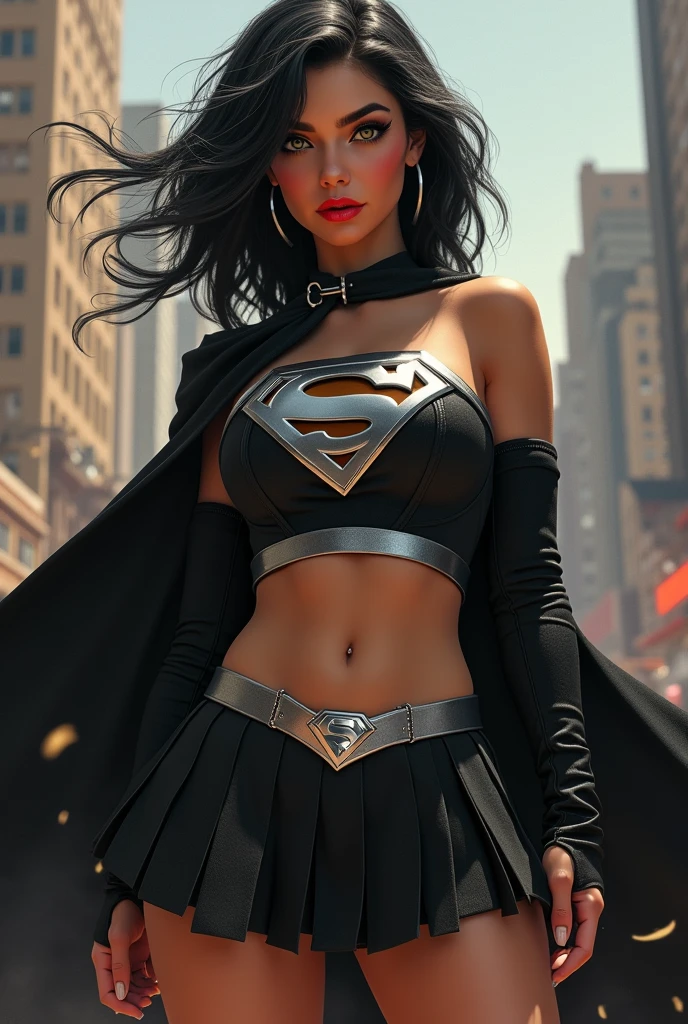 A BUSTY SEXY FEMALE WITH MEDIUM LONG MESSY BLACK HAIR, DREAMY GREEN EYES, WEARING A ONE PIECE BLACK SUPERGIRL TOP WITH A BIG SHINY SILVER "S" EMBLEM ON HER CHEST, A PLEATED SHORT BLACK SKIRT WITH A SILVER LEATHER BELT, LONG BLACK BOOTS WITH SILVER TRIM, AND A LONG BLACK CAPE. RED LIPSTICK, RED FINGERNAILS. INCREDIBLY DETAILED GLOWING SKIN, INCREDIBLEY DETAILED FACE, INCREDIDBLEY DETAILED CLOTHING, TEXTURED SKIN PORES, TEXTURED HAIR, 8K ABSURD RESOLUTION, MASTERPIECE. PHOTO REALSITIC, HYPER REALISTIC. CHAOTIC BACKGROUND. 16K RESOLUTION. PREFESSIONAL GRADE IMAGE.