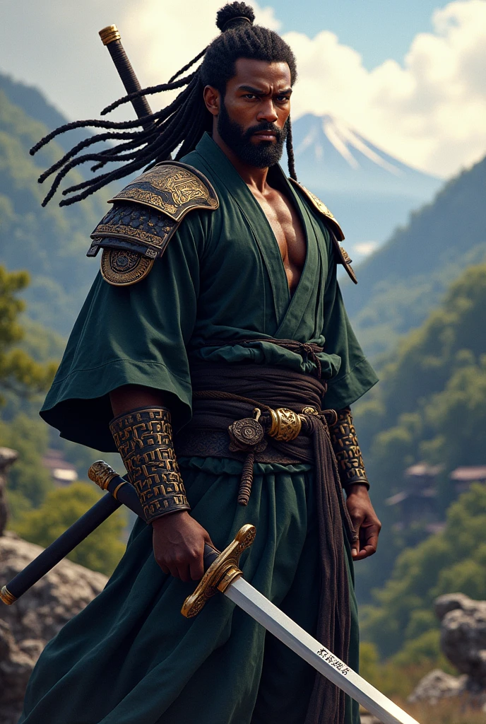 young black man, with long hair, wearing a kimono and a katana with a samurai arm