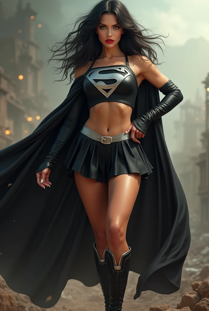 A BUSTY SEXY FEMALE WITH MEDIUM LONG MESSY BLACK HAIR, DREAMY GREEN EYES, WEARING A ONE PIECE BLACK SUPERGIRL TOP WITH A BIG SHINY SILVER "S" EMBLEM ON HER CHEST, A PLEATED SHORT BLACK SKIRT WITH A SILVER LEATHER BELT, LONG BLACK BOOTS WITH SILVER TRIM, AND A LONG BLACK CAPE. RED LIPSTICK, RED FINGERNAILS. INCREDIBLY DETAILED GLOWING SKIN, INCREDIBLEY DETAILED FACE, INCREDIDBLEY DETAILED CLOTHING, TEXTURED SKIN PORES, TEXTURED HAIR, 8K ABSURD RESOLUTION, MASTERPIECE. PHOTO REALSITIC, HYPER REALISTIC. CHAOTIC BACKGROUND. 16K RESOLUTION. PREFESSIONAL GRADE IMAGE.