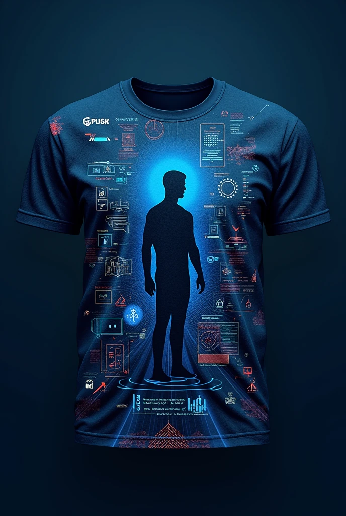 A dark blue shirt with the theme of education and technology and more details about the theme