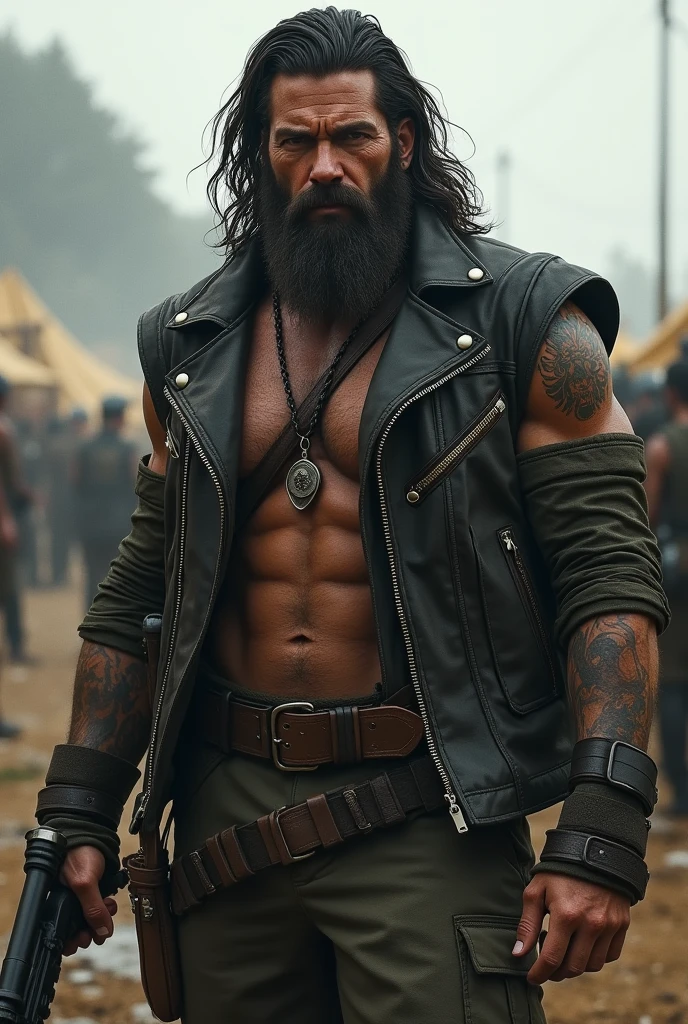 man, bearded, long black hair, leather jacket, doesn't take very good care of his physique, army, knows how to fight, handsome, scar and tatoo