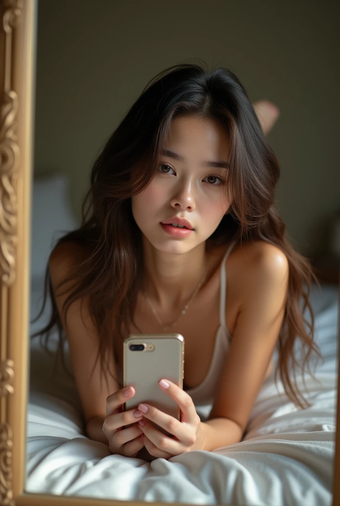 Une femme de 19 ans, yeux marons, bouches finne, cheveux brun dans sa chambre qui prend une photo avec son telephone dans son miroir. Elle porte un tee shirt blanc a bretelle et un bikini en bas . Et elle est allongé sur son lit a quatre patte. 