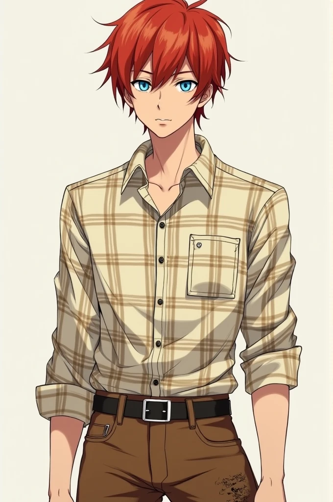 Chuuya Nakahara from the anime Bungo Stray Dogs with a cream-colored plaid shirt and brown Mexican cholo-style pants