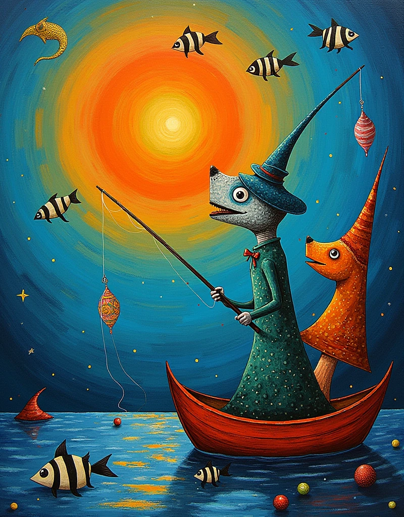 fishing ((Mordecai-Ardon / Marc Chagall style!)), magical naive art, primitivism, protogen, ((Best quality, masterpiece)),
((((Highest detail), Impressionism:1,1, 8K