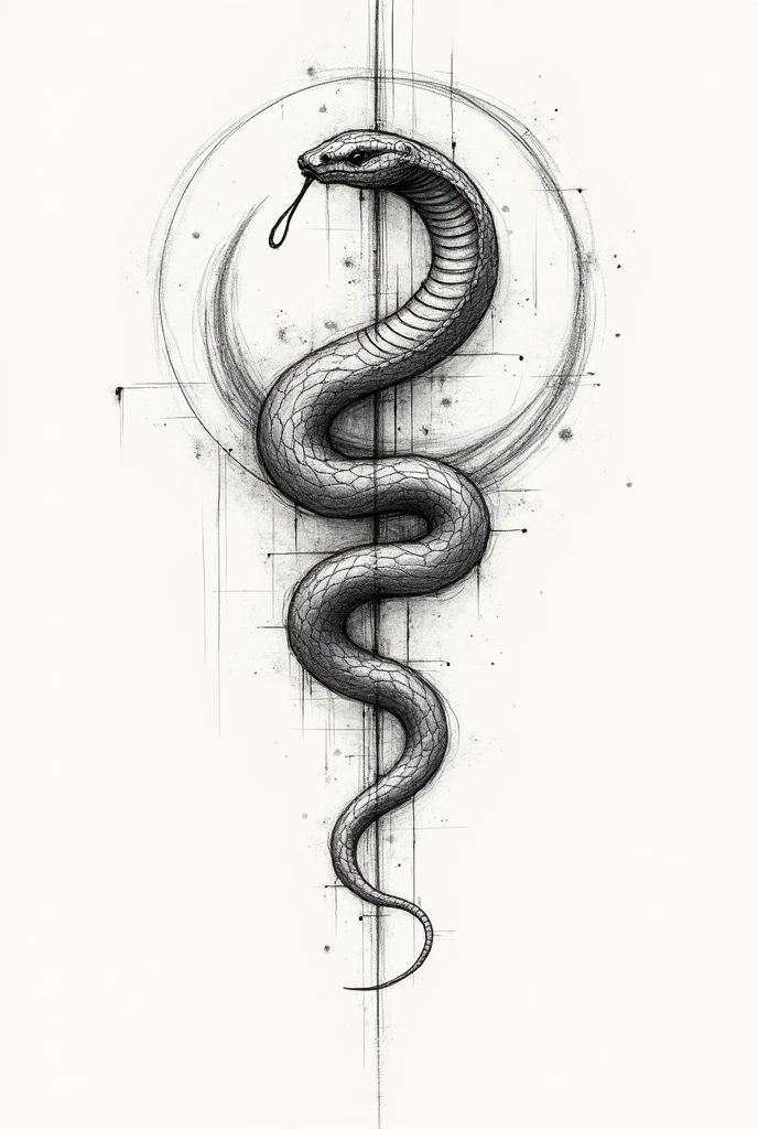 A snake tatto with te symbol of Chao's all in the sketch form, 2D, behind the Snake is the symbol of Chao's 