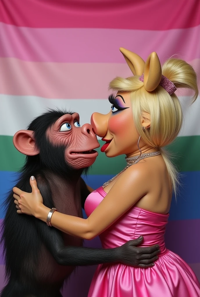 a picture of miss piggy from the muppets kissing a very ugly realistic monkey, with a lesbian flag in the background