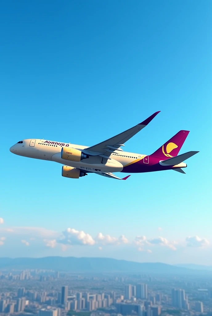 airbus a350-1000 in cor bege , maroon , com cauda maroon , written CBR flying in the blue sky , with city below , the light of day , with super blue sky , ultra realistic quality and quality 7.680X4.320 pixels 8K
