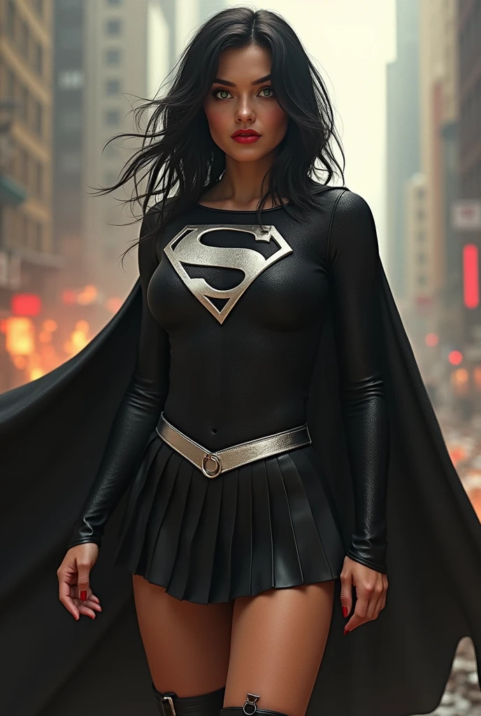 A BUSTY SEXY FEMALE WITH MEDIUM LONG MESSY BLACK HAIR, DREAMY GREEN EYES, WEARING A ONE PIECE BLACK SUPERGIRL TOP WITH A BIG SHINY SILVER "S" EMBLEM ON HER CHEST, A PLEATED SHORT BLACK SKIRT WITH A SILVER LEATHER BELT, LONG BLACK BOOTS WITH SILVER TRIM, AND A LONG BLACK CAPE. RED LIPSTICK, RED FINGERNAILS. INCREDIBLY DETAILED GLOWING SKIN, INCREDIBLEY DETAILED FACE, INCREDIDBLEY DETAILED CLOTHING, TEXTURED SKIN PORES, TEXTURED HAIR, 8K ABSURD RESOLUTION, MASTERPIECE. PHOTO REALSITIC, HYPER REALISTIC. CHAOTIC BACKGROUND. 16K RESOLUTION. PREFESSIONAL GRADE IMAGE.