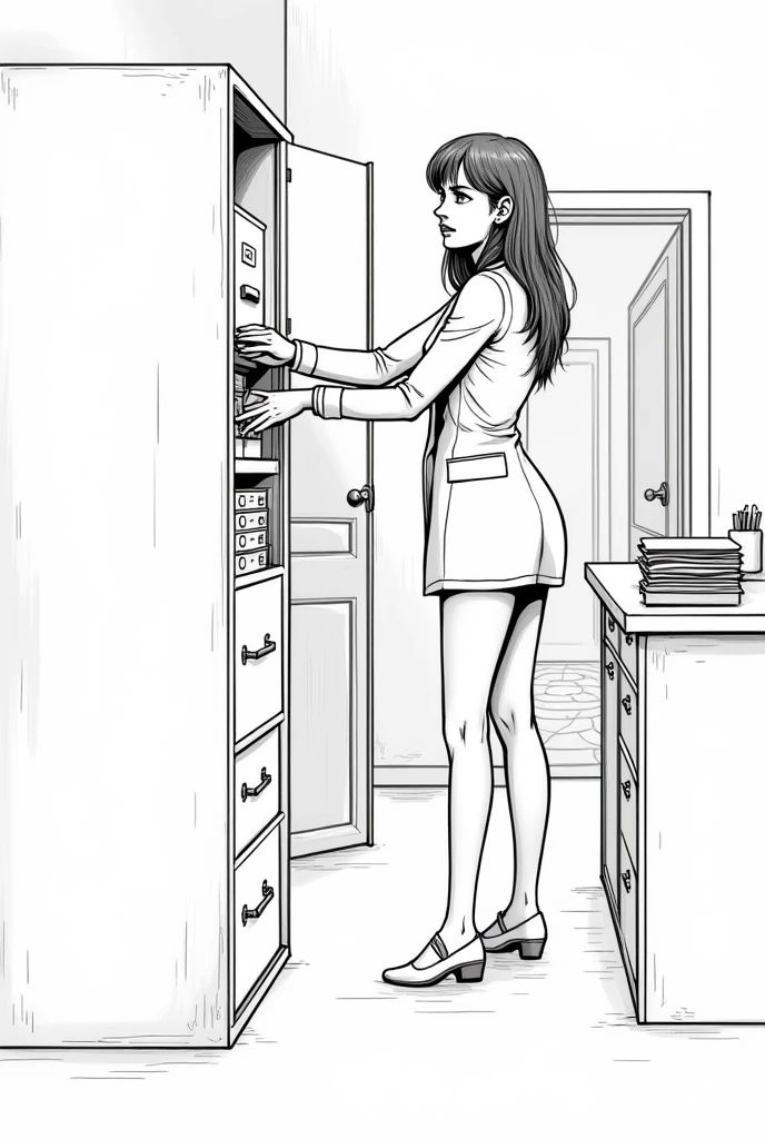 Create a lineart illustration Setting: Show Mel in her office at the congregation, reviewing notes on Sarah’s progress. She might be standing, organizing files in a filing cabinet, when she hears a noise coming from the back room. Mel’s expression should be one of concern, with her brow furrowed as she looks in the direction of the sound. The back room could be suggested in the background, shrouded in shadow or mystery.