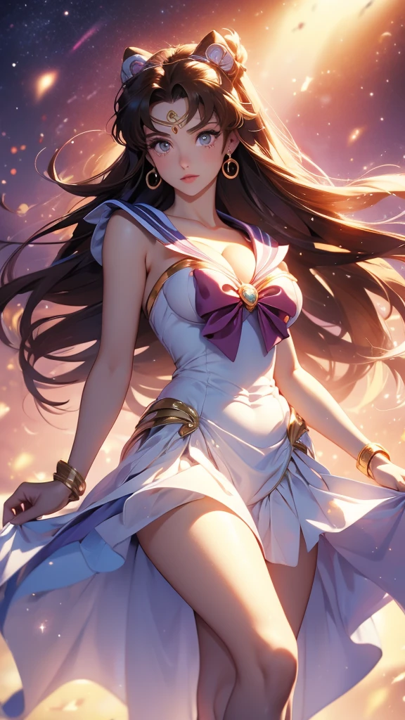 （（tmasterpiece））， （（best qualtiy））， （ultra - detailed）， （（The is very detailed））， 4K， （8K）， the sailor moon， cabellos largos dorados， dual horsetail，sailor moon aesthetic，a beauty girl，Puffy skirt，blue colors， Dream Core，Bigchest，nakeness，Bare genitalia，Bare breasts