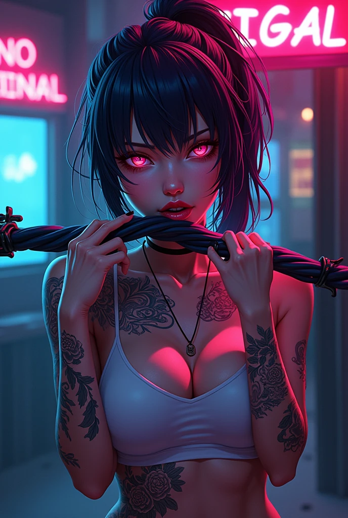 Neon anime sexy lady sexy neon lips sexy neon eyes sexy neon tattoos sexy anime warrior secy neon hairs, Biting a cable and A sign that says no signal