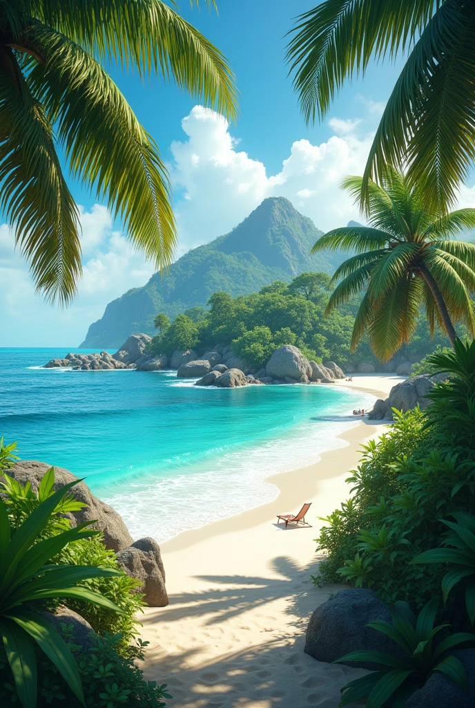 generates an image of a lost island with no people and palm trees, animate more palm trees