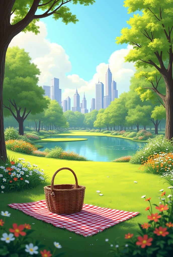 Perfect spring day with, parks and gardens, picnic, Parks and lakes, sunny atmosphere, with a park in the background, in a city park, central Park, without people, promotional shot, Spring season, high resolution image