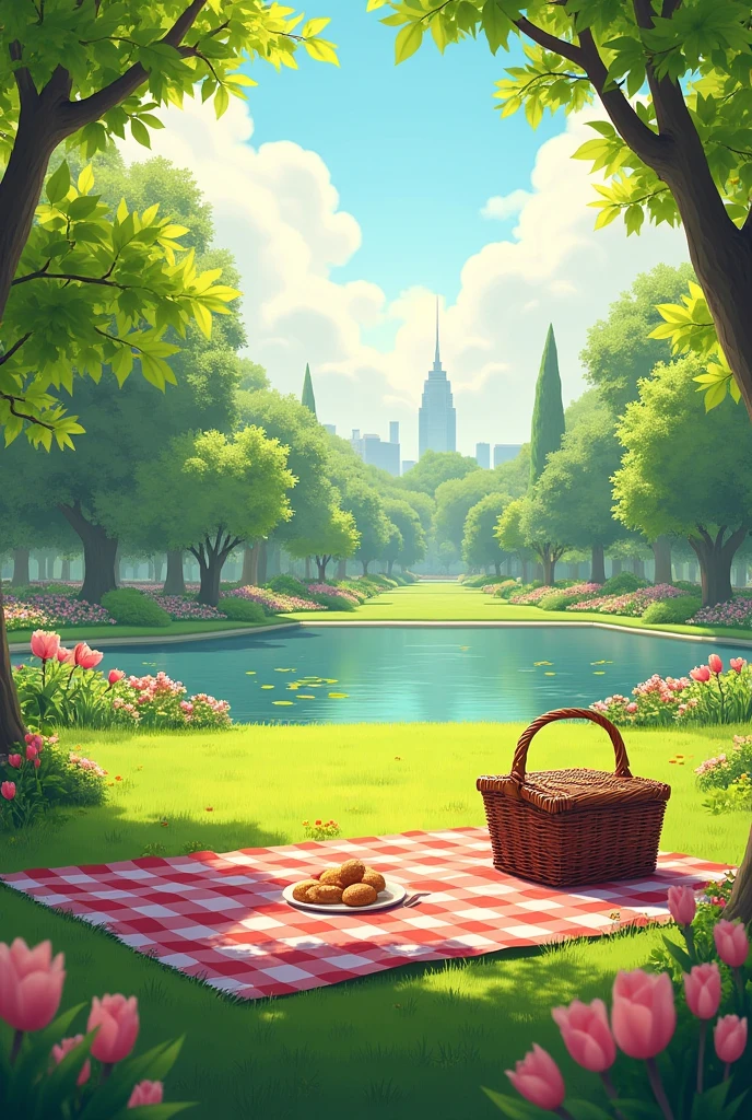 Perfect spring day with, parks and gardens, picnic, Parks and lakes, sunny atmosphere, with a park in the background, in a city park, central Park, without people, promotional shot, Spring season, high resolution image