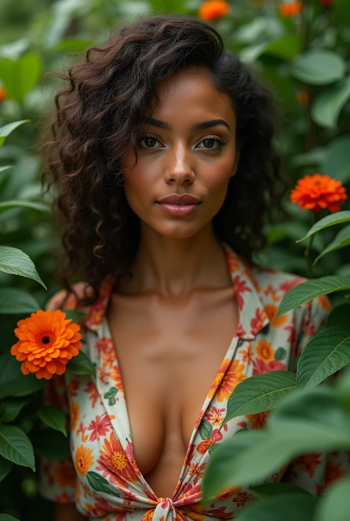 A Brazilian woman in a lush tropical garden, wearing an open shirt with a floral print, with a close-up capturing the harmonious beauty between her breasts and the natural flowers, showing off your natural charm and outgoing personality.