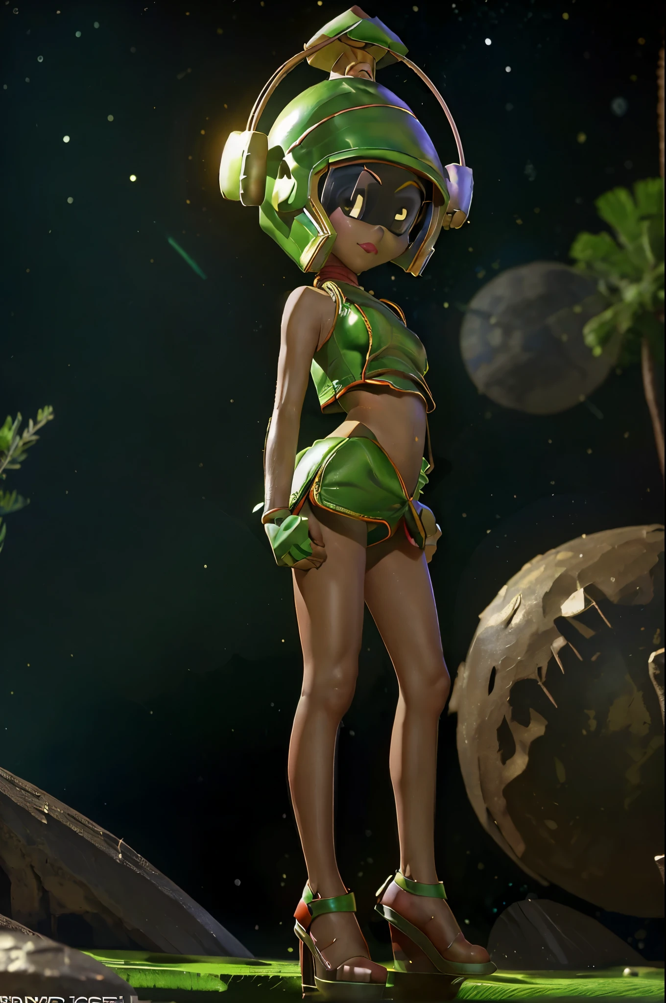 (Marvin the Martian) a cute woman, extremely detailed, extremely small martian invader outfit, fishing at an alien lush pond, holding a bucket full of slimy tentacles for bait, extremely detailed eyes, beautiful detailed lips, longeyelashes, beautiful detailed face, 1girl, digital art, concept art, oil painting, 8k, high quality, masterpiece, photorealistic, ultra-detailed, physically-based rendering, vivid colors, studio lighting, sci-fi, alien landscape, fantasy (camera angle is low looking up at butt, focus on butt)
