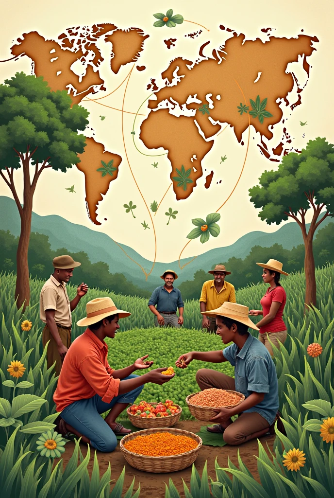 Creating art around the theme of food sovereignty and fair trade involves visually expressing ideas about local control over food systems and equitable trade practices.. Here is a conceptual sketch for such an artwork:
1. **center image**: Illustrate a diverse group of farmers from various cultures working together in a thriving community or farm. They may be picking vegetables, planting seed, or exchanging products.
2. **Pyear of background**: Inclua um Pyear of background de um mapa global com linhas interconectadas mostrando rotas comerciais, but emphasize a more equitable exchange, portraying balanced and fair business practices.
3. **Symbols**: Use Symbols como ferramentas agrícolas tradicionais, heirloom seeds, and cooperative logos to represent sustainable practices and solidarity. Add elements like hands exchanging goods or crops being shared between communities.
4. **color scheme**: Opt for vibrant tones, earthy tones to represent growth, harmony, and sustainability. greens, chestnuts, and warm yellows can convey the richness of local agriculture and community spirit.
5. **text**: Integrate phrases such as “Food Sovereignty” and “Solidarity Trade” in an elegant way, fluid script, talvez cercando a center image ou na parte superior e inferior da peça.
This piece of art would celebrate local food systems, cooperation, and the fair exchange of resources. Make an artwork based on the data provided