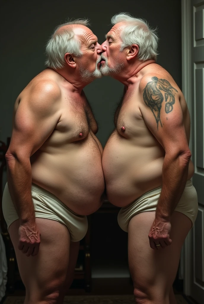 Make a chubby old man shirtless and in his underwear kiss another old man on the mouth shirtless and in his underwear