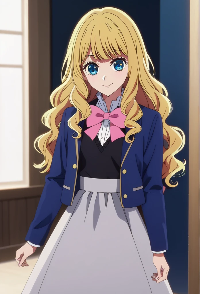 oshi_no_ko_style,blonde,sidecurls,fringe bangs,blue eyes,long eyelashes,cowboyshot,standing,soft smile,long hair,masterpiece,highres,absurdres,ojou curls,(BOW, SCHOOL UNIFORM, JACKET, BOWTIE, BIG RUFFLED PINK BOW, GREY SKIRT, BLUE JACKET, OPEN JACKET, SHIRT, GREY SKIRT, WHITE SHIRT, LONG SLEEVES,solo, ruffled bow, extremely detailed,a-line skirt,knee length skirt,detailed eyes,black vest underneath jacket)