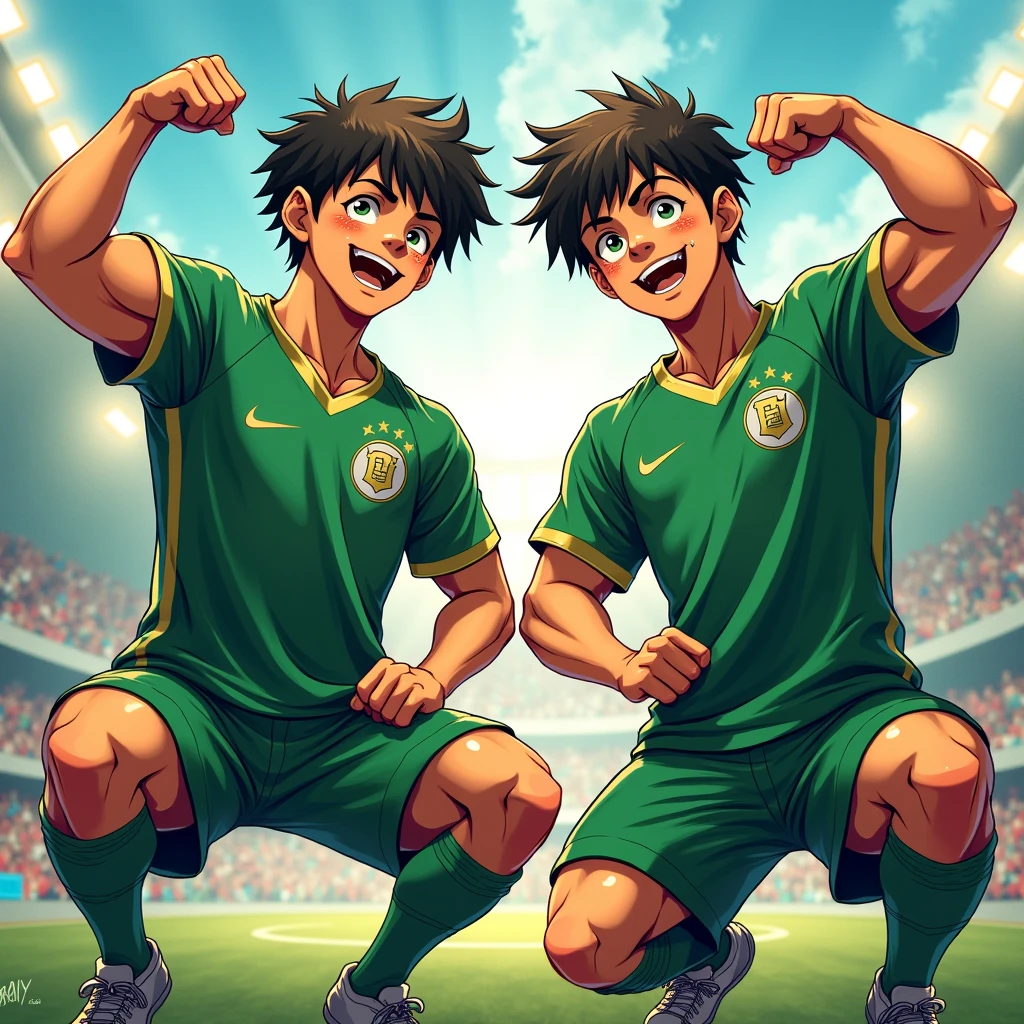 anime art: marvel art: two 18 year old SKINNY boys, wearing green soccer uniforms , SQUATTING DOWN, FLEXING BICEPS. The guys are sweaty and they have volluminous bulges, showing off armpits