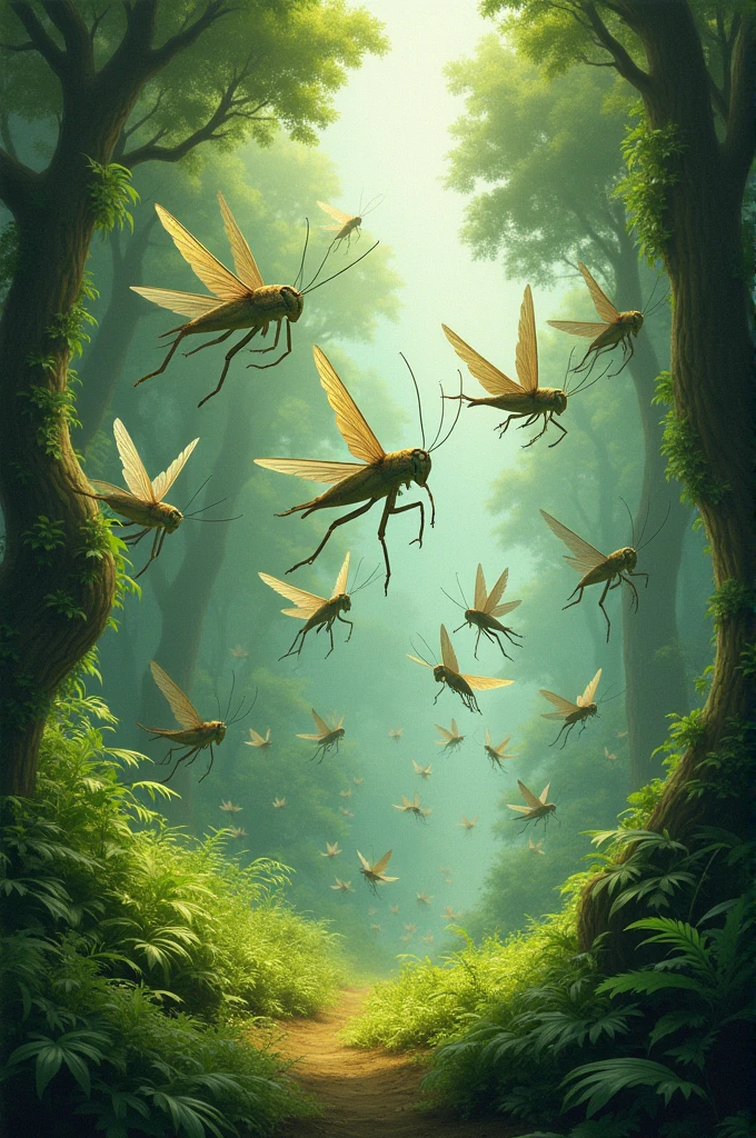 Create an image of grasshoppers flying in a forest