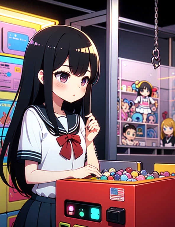 (((masterpiece))), (((Highest quality))), ((Claw Machine)), Place your hand on the bottom panel, Operate the long joystick、Press the button, Use the clamp to lift the toy, One person, Komi Shoko, shy, blush, school uniform, Claw Machine, Rear View,