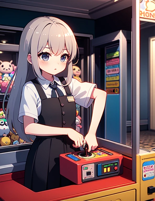 (((masterpiece))), (((Highest quality))), ((Claw Machine)), Place your hand on the bottom panel, Operate the long joystick、Press the button, Use the clamp to lift the toy, One person, Komi Shoko, shy, blush, school uniform, Claw Machine, Rear View,