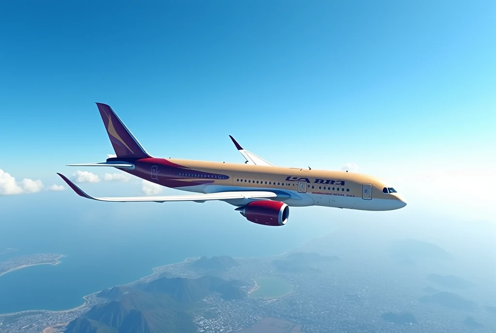 airbus a350-1000 in cor bege , maroon , com cauda maroon , written CBR flying in the blue sky , with city below , the light of day , with super blue sky , ultra realistic quality and quality 7.680X4.320 pixels 8K