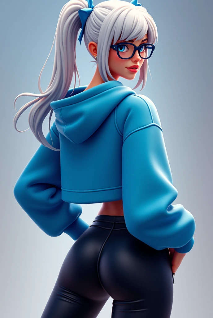 fortnite style girl with white hair blue eyes wearing glasses blue cropped sweatshirt allstar shoes sexy black leggings rear full body
