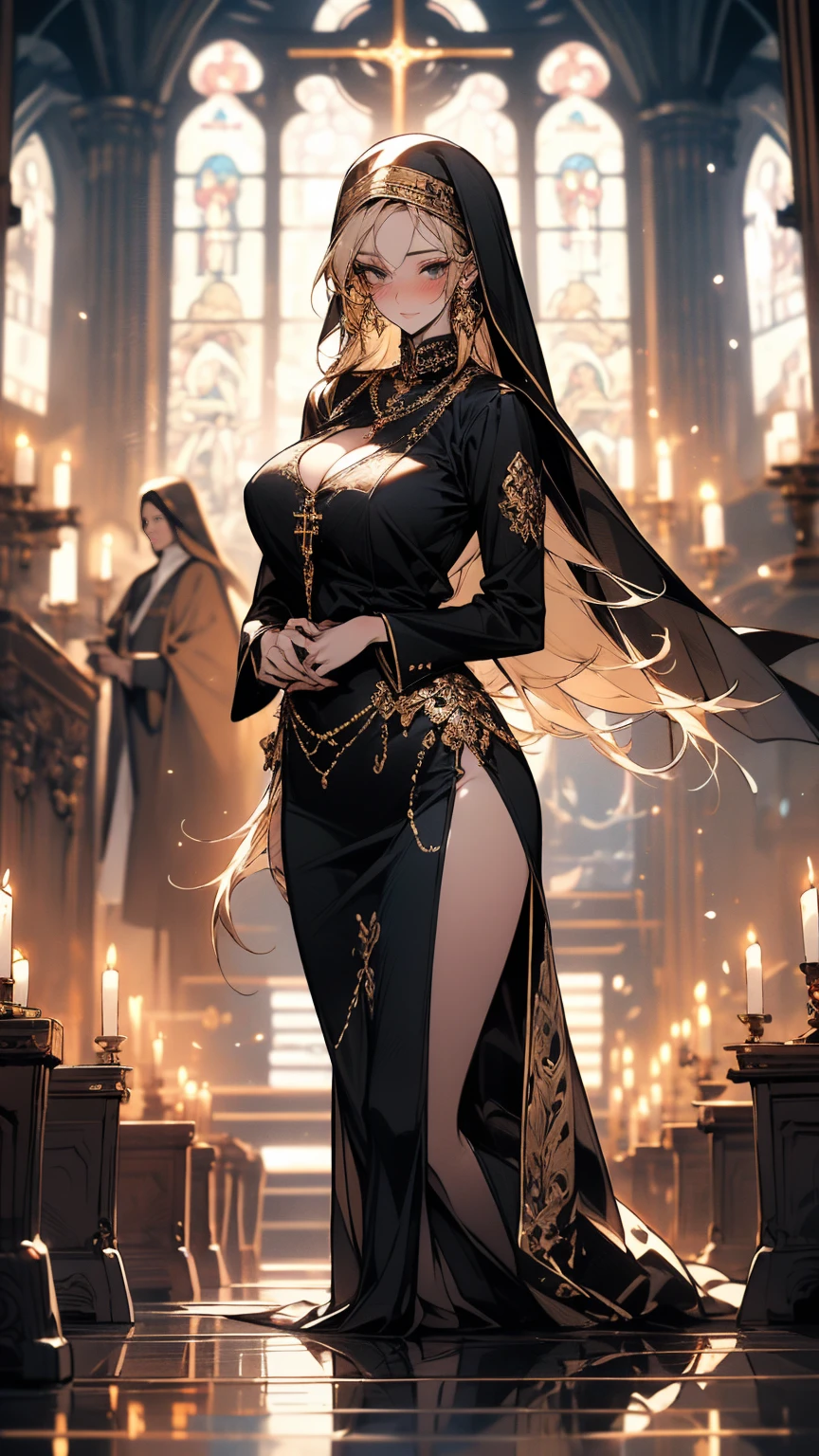 (Ultra high resolution, 8K RAW photo, photo realistic, thin outline), (cinematic lighting, textile shading), (nun hijab with gold accessories:1.3, gold cross ornaments), (huge breast, sagging breast, big , breast cleavage), 1girl, ((mature woman, milf:1.2)), 20 years old, (breast curtain:1.3, long tight skirts with side slit), matured Saint praying in front of altar in church, hands on together in front of your chest, kneeling, full bodyesbian, wearing religious uniform, blush, in heat, shamed, looking at viewers, blonde hair, at night, Clothes that show the lines of the body, (dynamic angle, from center below), spiritual,