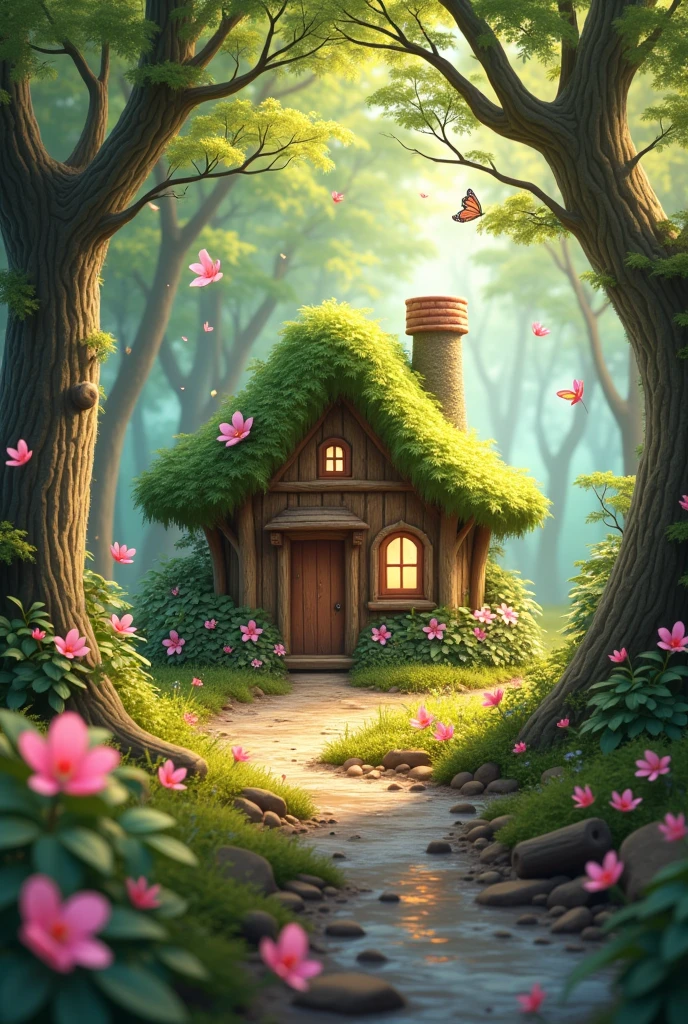 Fairytale like forest with green trees and pink flowers and brown mud. Image shoukd have a cottagecore essence