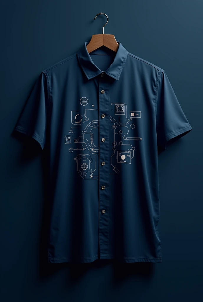 A dark blue shirt with the theme of education and technology and with more details on the pedagogical theme