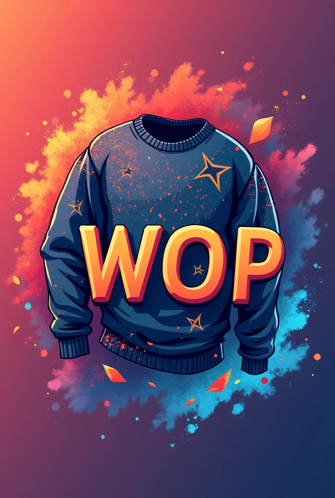Create an image that serves as a company logo. I want this logo to have the letters WOP and something illustrative regarding your business idea., which consists of the sale of printed sweaters and also providing the printing service. It integrates ideas and gives a worthy image for a business logo that covers everything mentioned above. Make it colorful but keep the same format that you had already done.