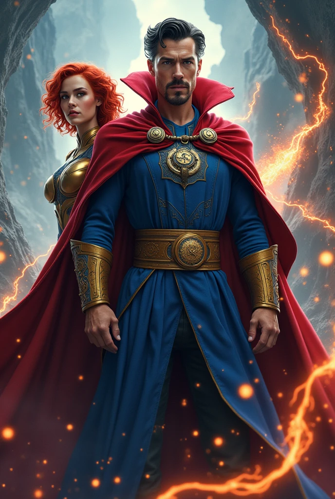Doctor strange marvel and redhead heroine with short curly hair 
