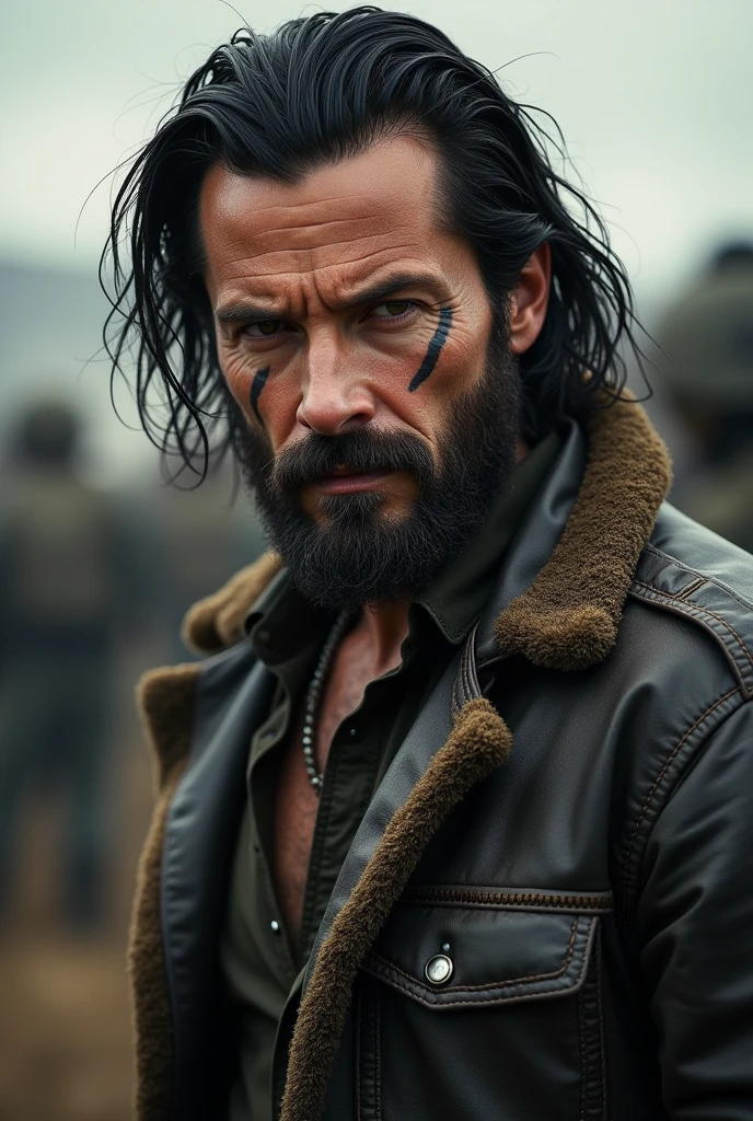 30 year old man, bearded, long black hair, leather jacket, doesn't take very good care of his physique, army, handsome, have scar and tatoo