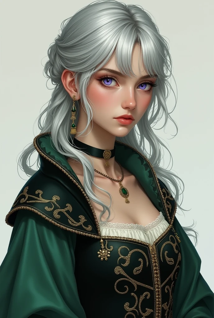 Make a realistic young woman with silver hair and violet eyes, with a green and black medieval dress, with a serious look.