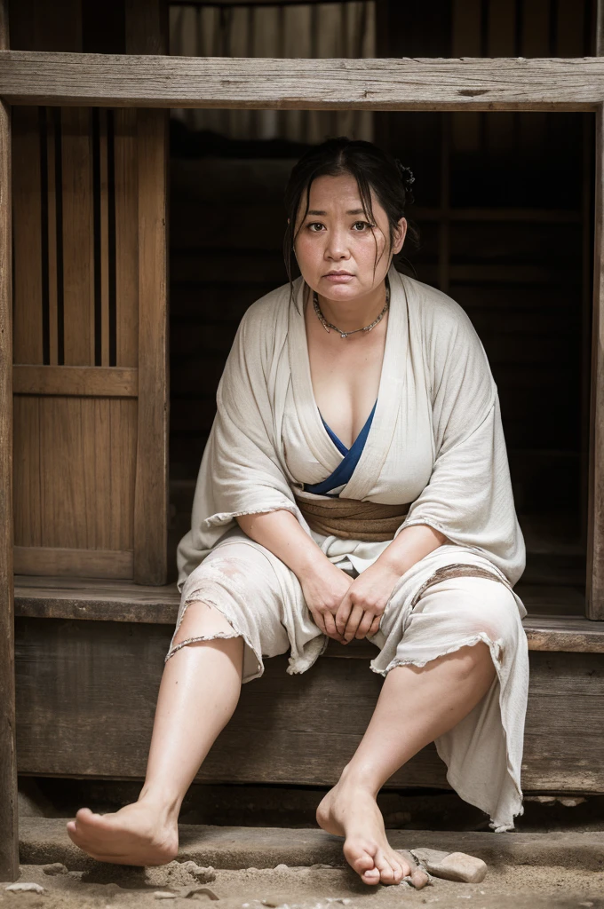 A fat middle-aged female prisoner from the Edo period　Disheveled Hair　Dirty bare feet　A dark, damp, empty cell in a low ceiling　look up　A dirty, worn, tattered, thin white kimono　Sweaty　Dirty face　Chain around the neck　Dirt　bare knees　Shackles