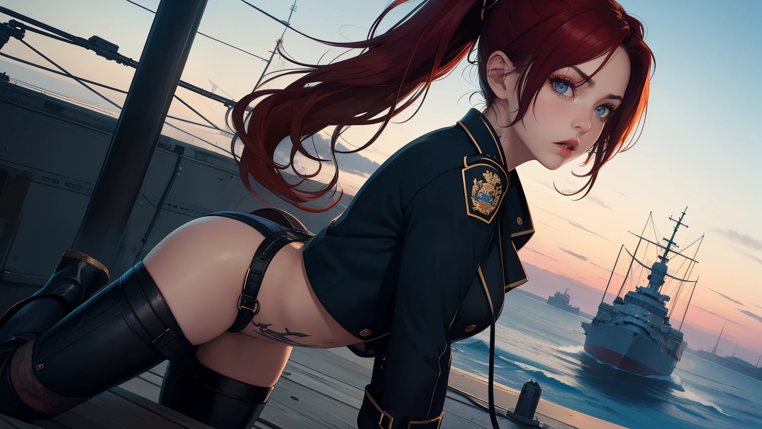 Hot young woman, long red hair, ponytail, admiral's uniform, many nautical tattoos, black make-up, high boots, high quality, best quality, high details, blue eyes, perfect body, old battleship in backround, navy, guns, masterpiece, multilayer, angry eyes